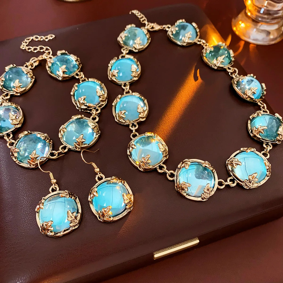 Vintage Fashion Wedding Jewelry Sets for Women Light Luxury Round Resin Necklace Versatile High-end Earring Bracelet K's Collection Store