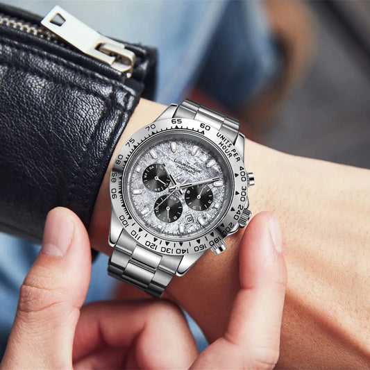 Men's mechanical business watch with silver bracelet and gray multifunction dial