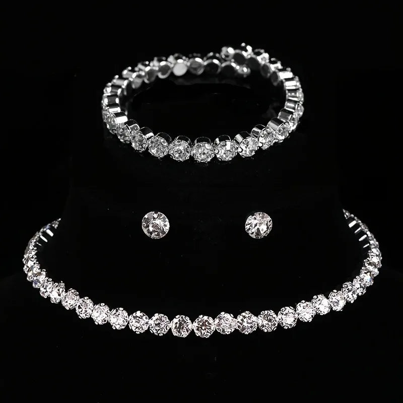 Luxury Round Crystal Jewelry Set for Women Charm Silver Color Bracelet Stud Earring Zircon Chain Necklace Wedding Party Jewelry K's Collection Store