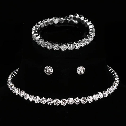 Luxury Round Crystal Jewelry Set for Women Charm Silver Color Bracelet Stud Earring Zircon Chain Necklace Wedding Party Jewelry K's Collection Store