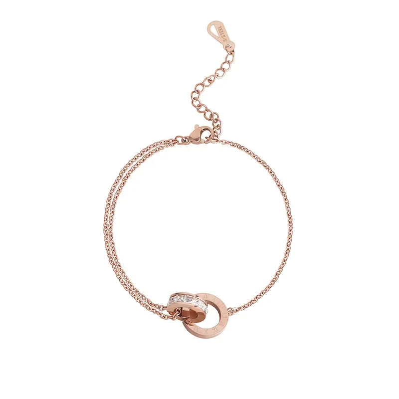 Classic Charm Full Zircon Roman Numeral Double Rings Cross Bracelet for Women Exquisite Stainless Steel Colorfast Bangle Jewelry K's Collection Store