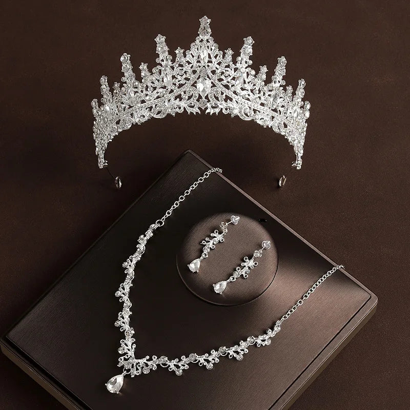 Bridal Wedding Jewelry 4-piece Set, Alloy Crystal Crown&Crystal Necklace&Earrings Women's Classic Wedding Tiaras K's Collection Store