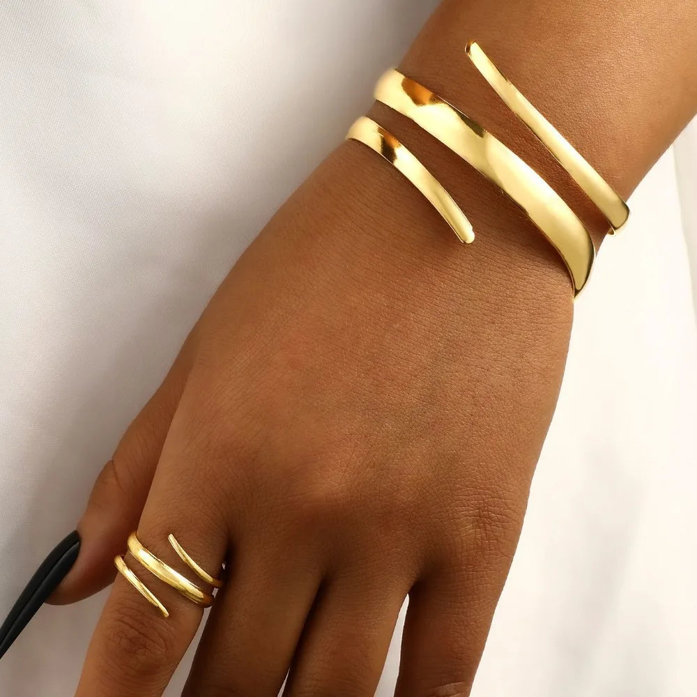 European and American Thick Bracelet and Ring Jewelry Set for Women Gold Color Geometric Line Bracelet Ring Combination Set Gift K's Collection Store