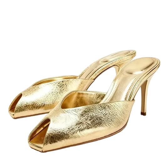 Women's gold metallic heeled slide sandals, open toe, stiletto heel