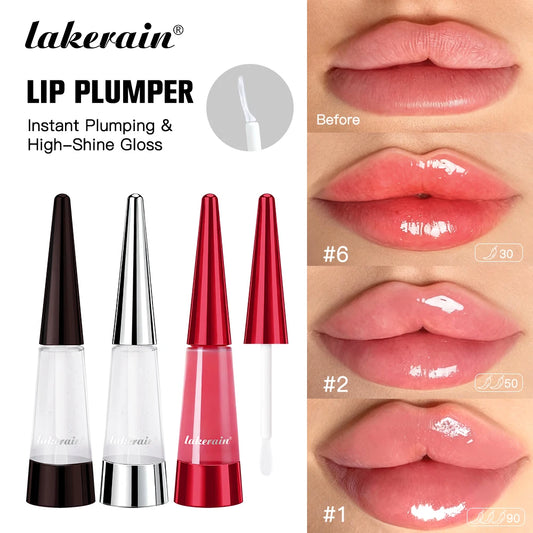 Lip plumper gloss tubes with applicator tips, including dark, clear, and red shades