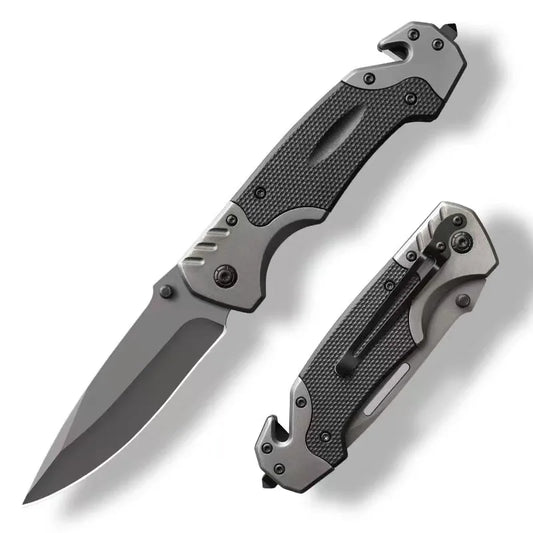 Dark grey folding knife with textured grip and silver blade, open and closed views