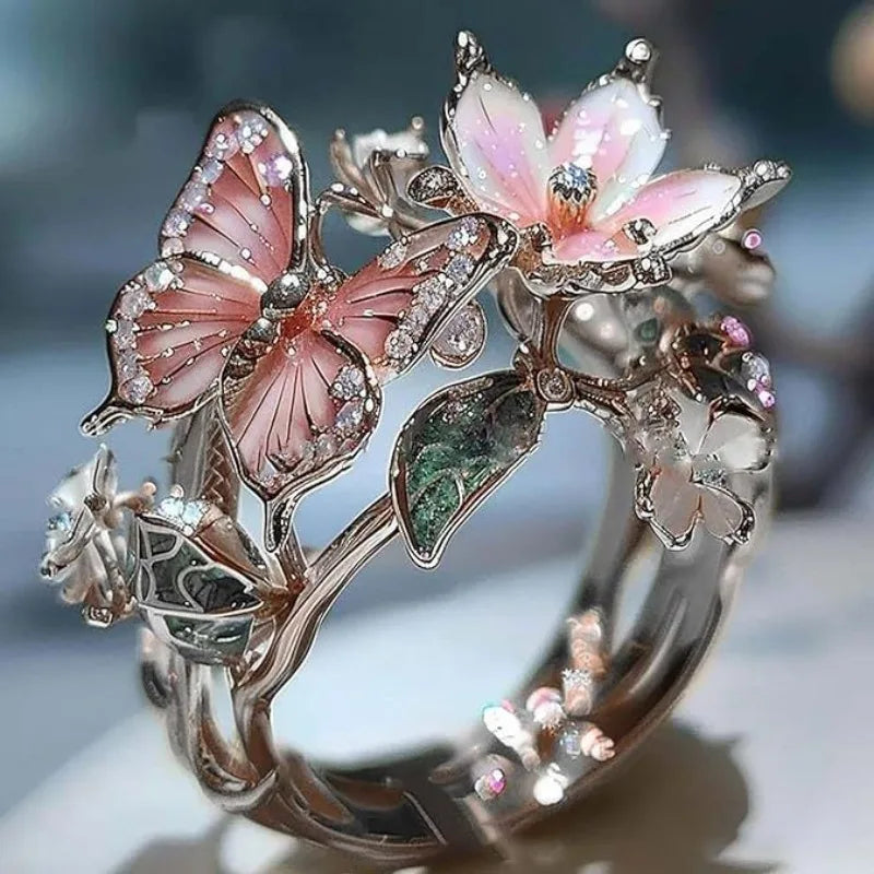Aesthetic Flower Butterfly Rings for Female Romantic Rhinestone Stylish Non-fading Opening Ring Women Wedding Jewelry Party Gift K's Collection Store