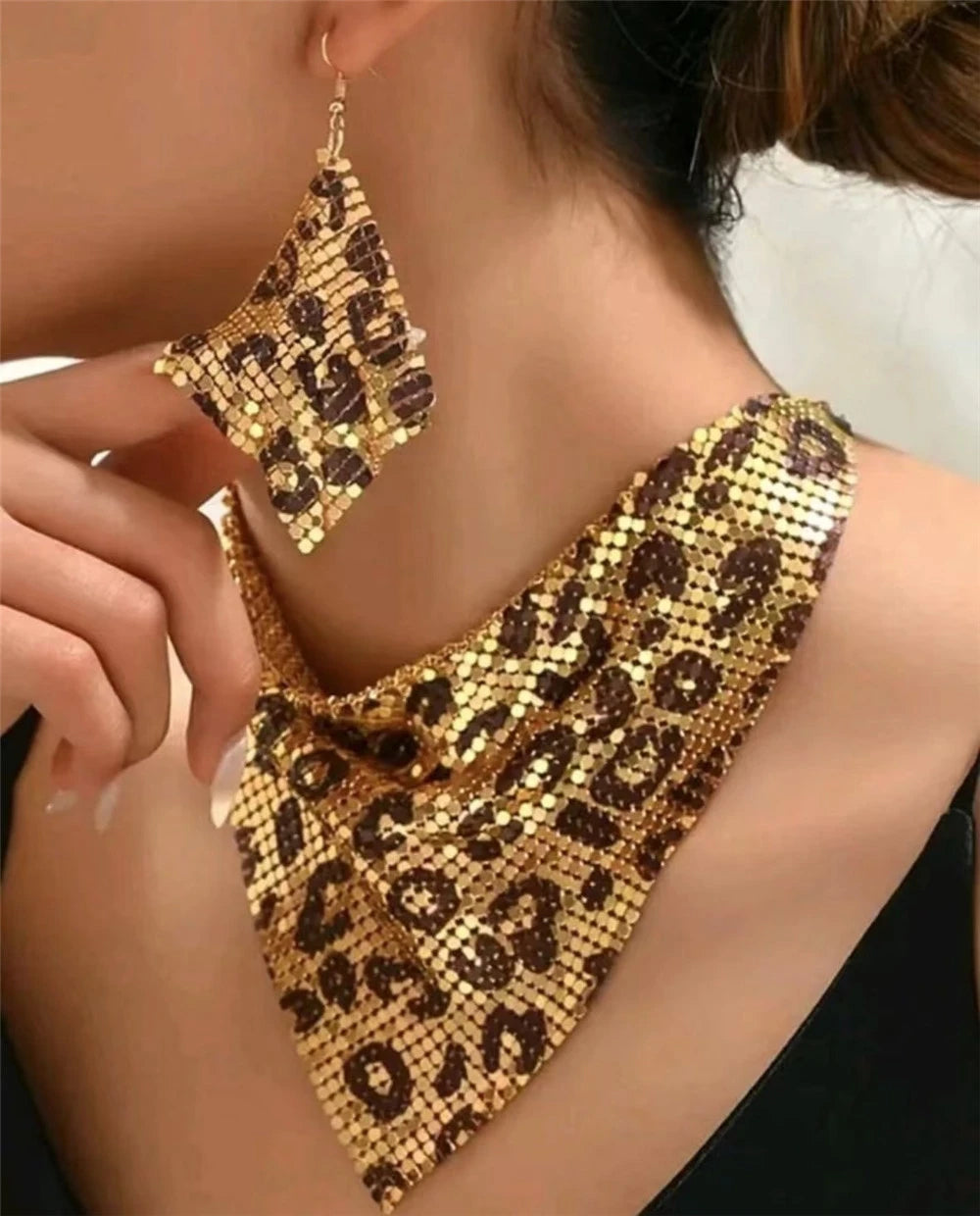 Fashion Leopard Print Jewelry Set, Sexy Bib Necklace & Dangle Earrings, Vintage Elegant Design, Versatile Stylish Accessor K's Collection Store