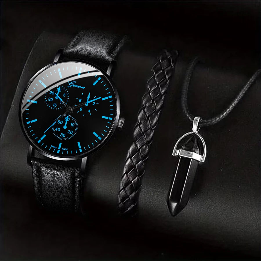 3PCS/Set Men Business Watches Casual Leather Band Analog Male's Quartz Watch Necklace Bracelet Set K's Collection Store