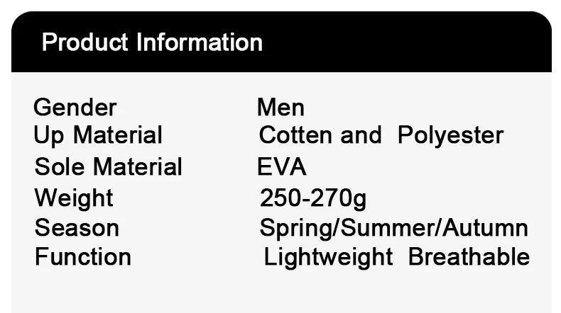 Men's sneakers product info: cotton and polyester upper, EVA sole, 250–270g weight
