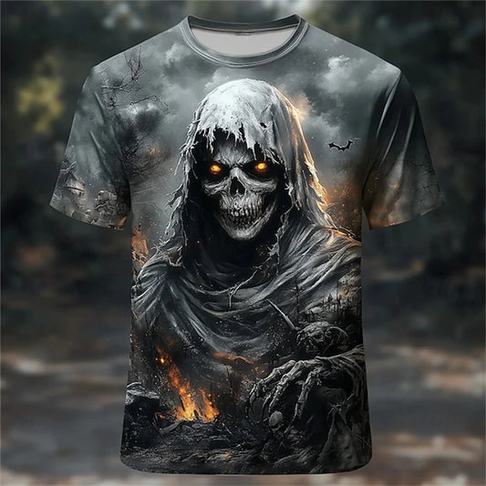 New Halloween Men's Crew Neck T-Shirt With 3D Horror Skull Pattern, Fashionable Streetwear Short-Sleeve Party Oversized Top K's Collection Store