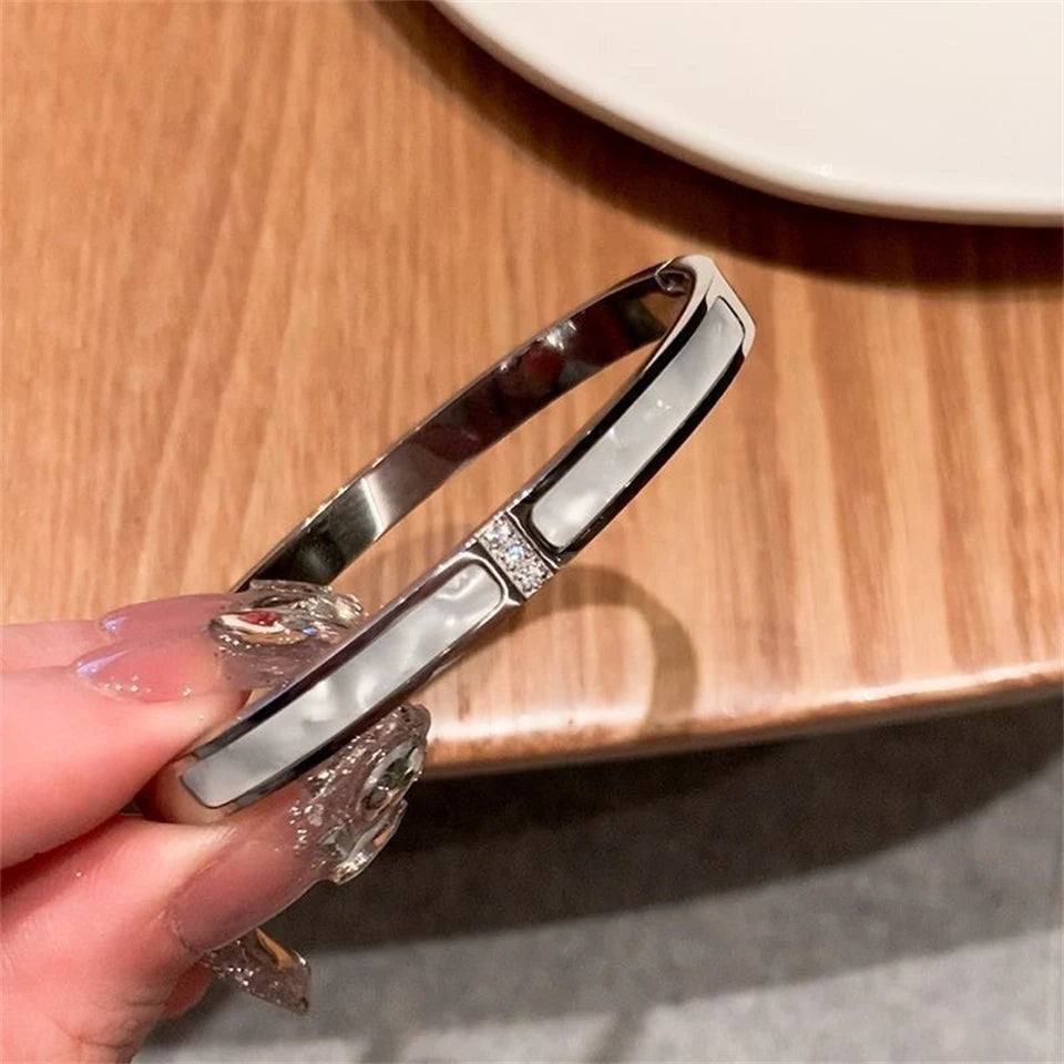 Yupsk Titanium Steel Gold Color Shell Zircon Open Bracelet Bangles Luxury Sparkling CZ Waterproof Jewelry K's Collection Store