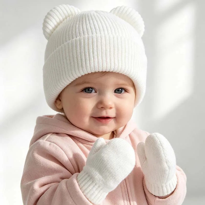 Winter Kids Hat Gloves Set Cute Bear Ear Beanie for Boys Girls Warm Kintted Earflap Hats Solid Color Mittens 6M-3Y K's Collection Store