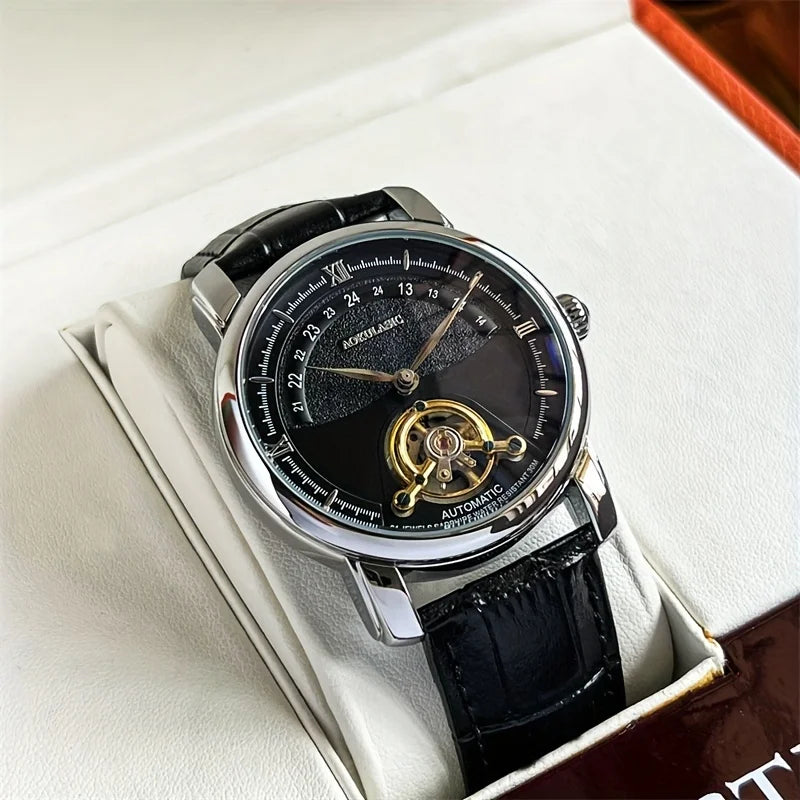 Men's automatic mechanical watch with black dial, gold-toned movement, black leather strap