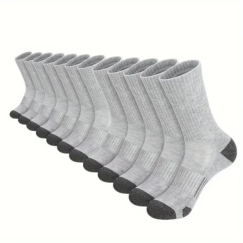 Men's solid gray crew socks with dark gray toe and heel, 12 pairs