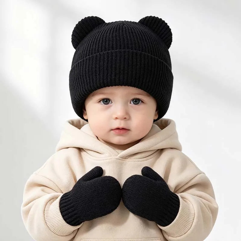 Winter Kids Hat Gloves Set Cute Bear Ear Beanie for Boys Girls Warm Kintted Earflap Hats Solid Color Mittens 6M-3Y K's Collection Store