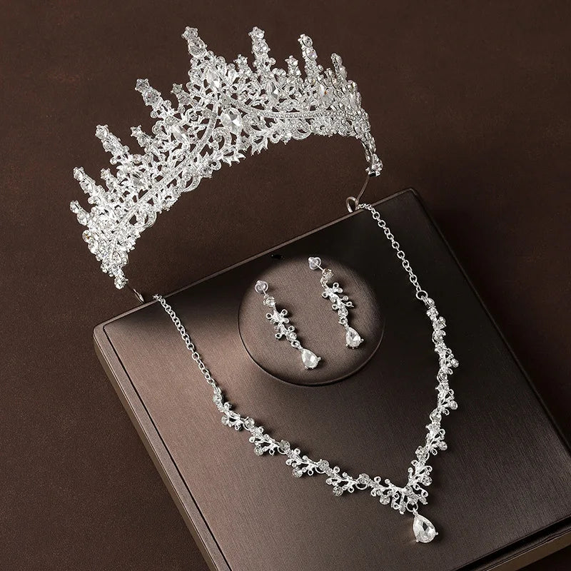 Bridal Wedding Jewelry 4-piece Set, Alloy Crystal Crown&Crystal Necklace&Earrings Women's Classic Wedding Tiaras K's Collection Store