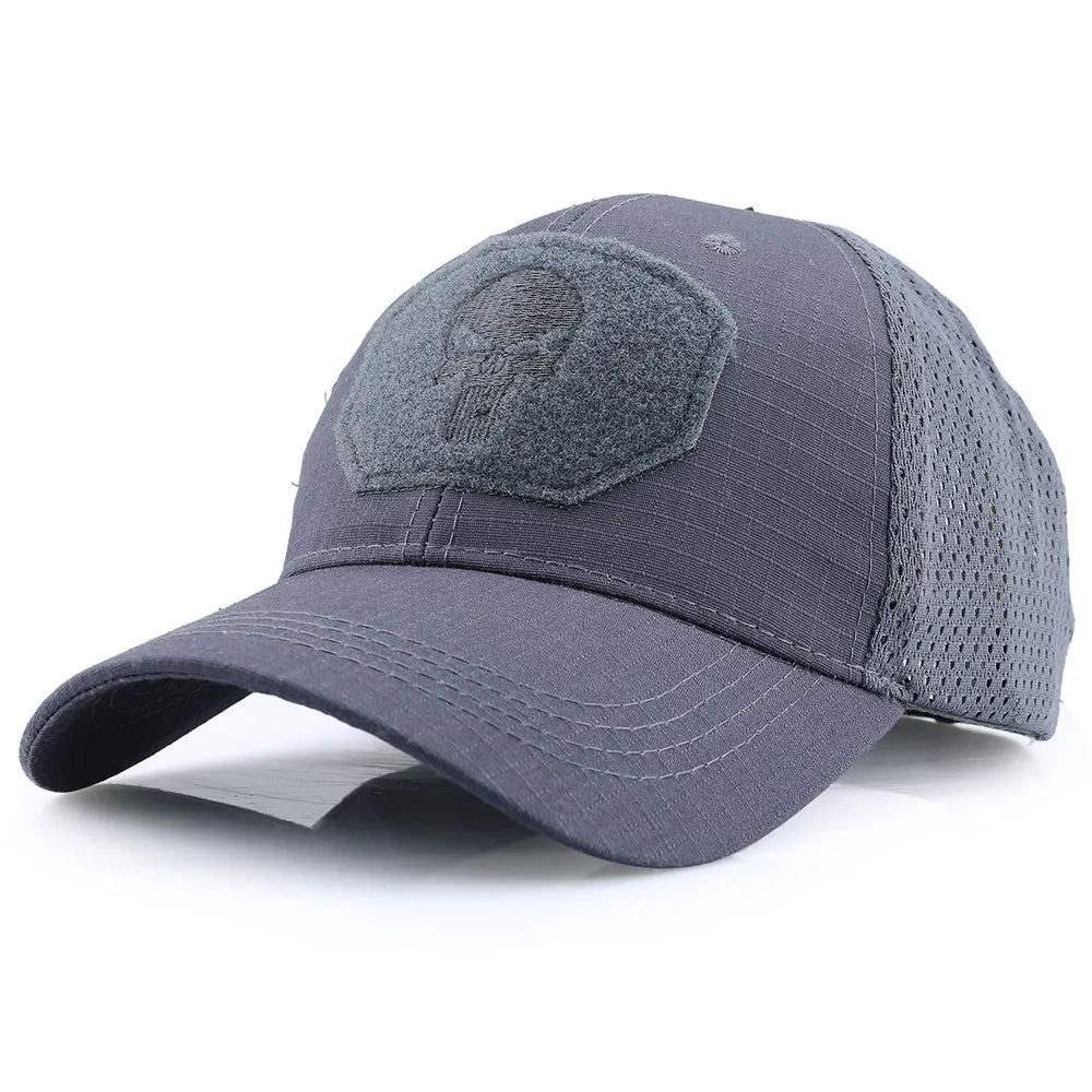 Gray baseball cap with dark gray skull patch and breathable mesh side panels