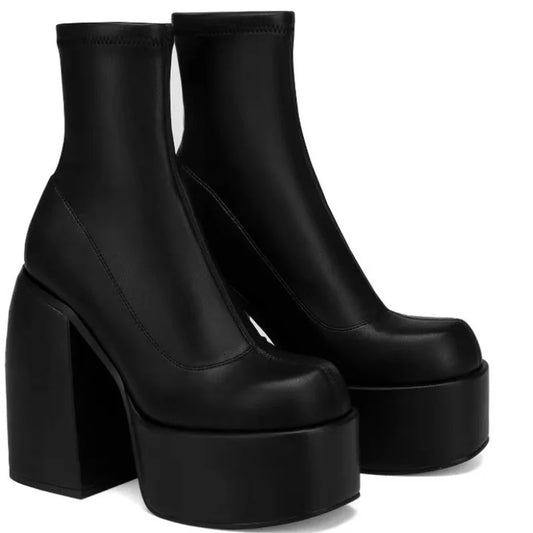 Women New Fashion Short Boots Women Sexy Leather Boot Square toe casual Zipper high heels Casual thick soled women shoes Zapatos K's Collection Store