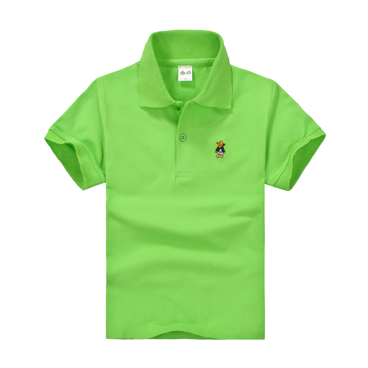 Boys lime green short-sleeve polo shirt with collar and button placket, small chest logo