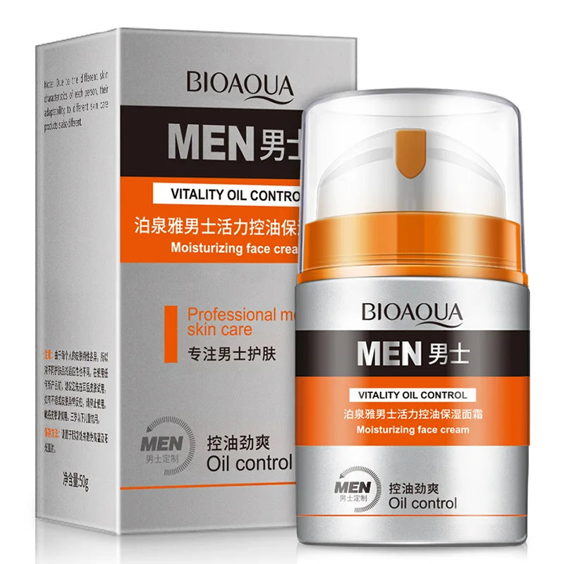 Men’s oil control face cream bottle with matching product box, front view