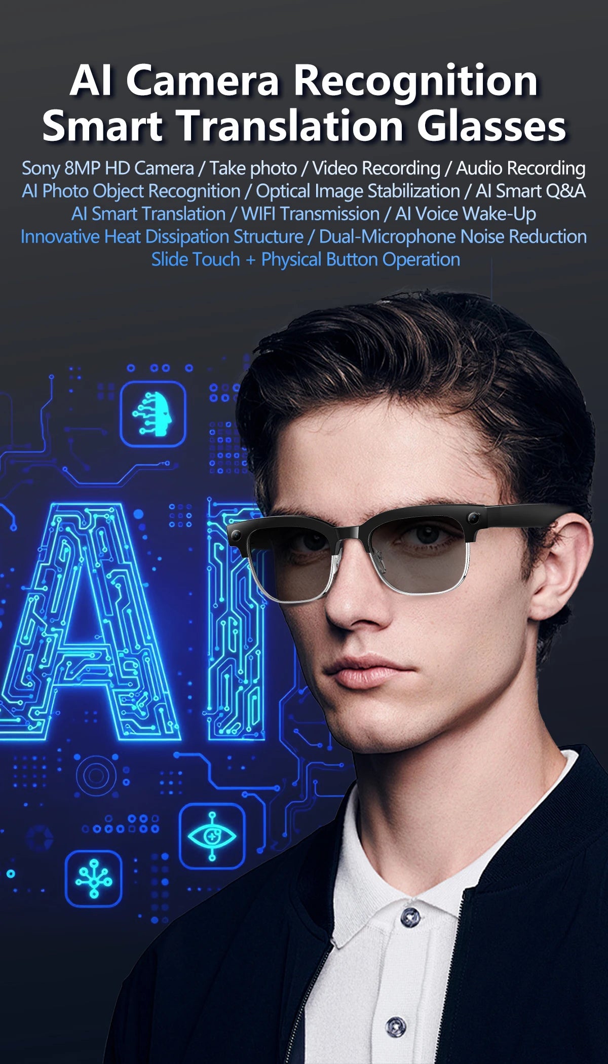 2026 New 8MP Ultra-Wide HD Camera Smart Glasses Video Record 4GB AI Photo Recognition BT Call Translation Voice Smart Glasses K's Collection Store