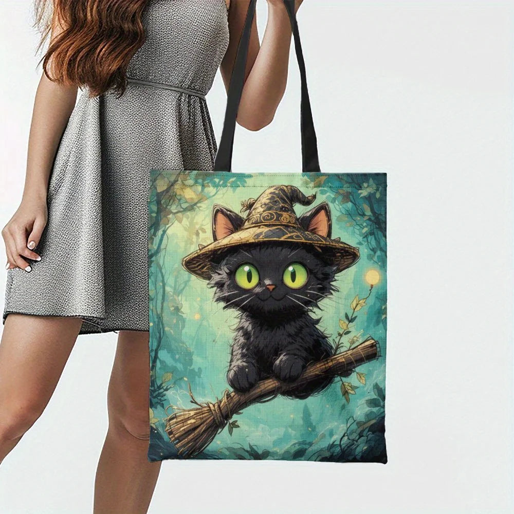 1pc Halloween Witch Cat Tote Bag  Reusable Grocery Handbag with Witch Hat Polyester Shopping Holiday Festivities Shoulder Bag K's Collection Store