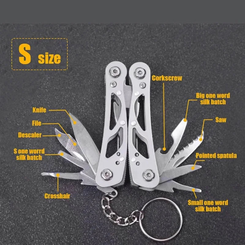 Stainless steel multi-tool keychain with multiple folding tools, silver