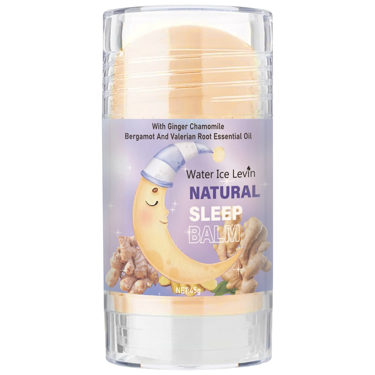 Natural sleep balm cream in clear cylindrical container with purple label and cream layer