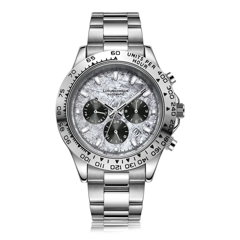 Mechanical business watch, silver/gray dial, steel bracelet, multi-function subdials