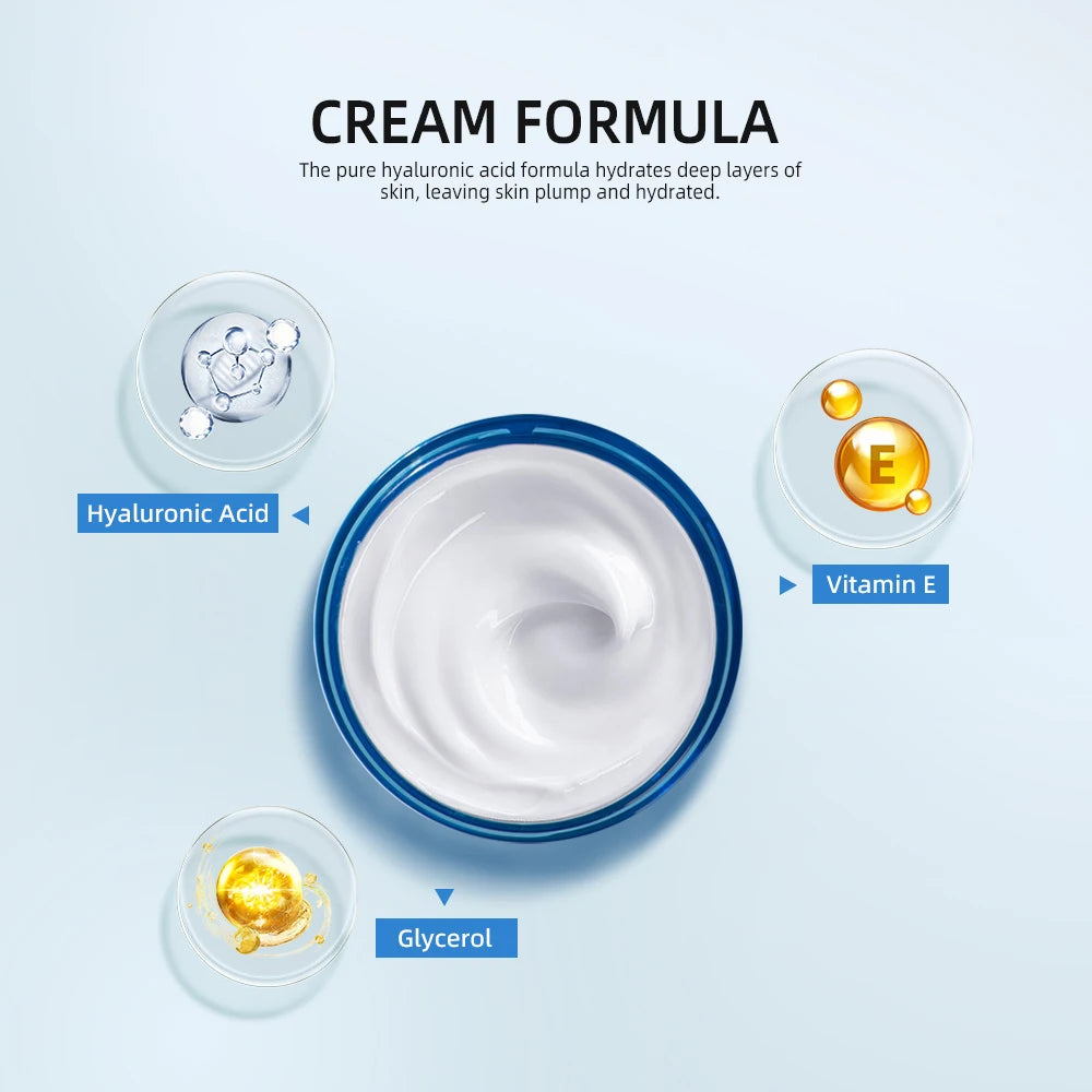Moisturizing cream jar with a swirl of white cream and ingredient feature circles