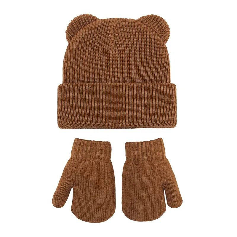 Winter Kids Hat Gloves Set Cute Bear Ear Beanie for Boys Girls Warm Kintted Earflap Hats Solid Color Mittens 6M-3Y K's Collection Store
