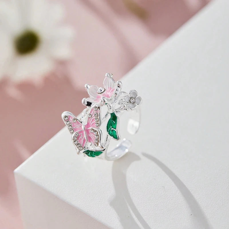Aesthetic Flower Butterfly Rings for Female Romantic Rhinestone Stylish Non-fading Opening Ring Women Wedding Jewelry Party Gift K's Collection Store