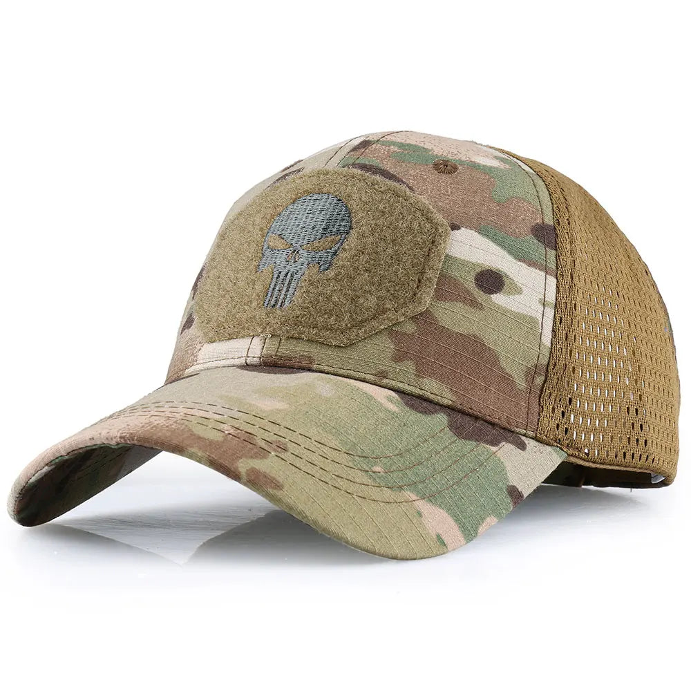 Beige camo baseball cap with skull emblem patch and breathable mesh back