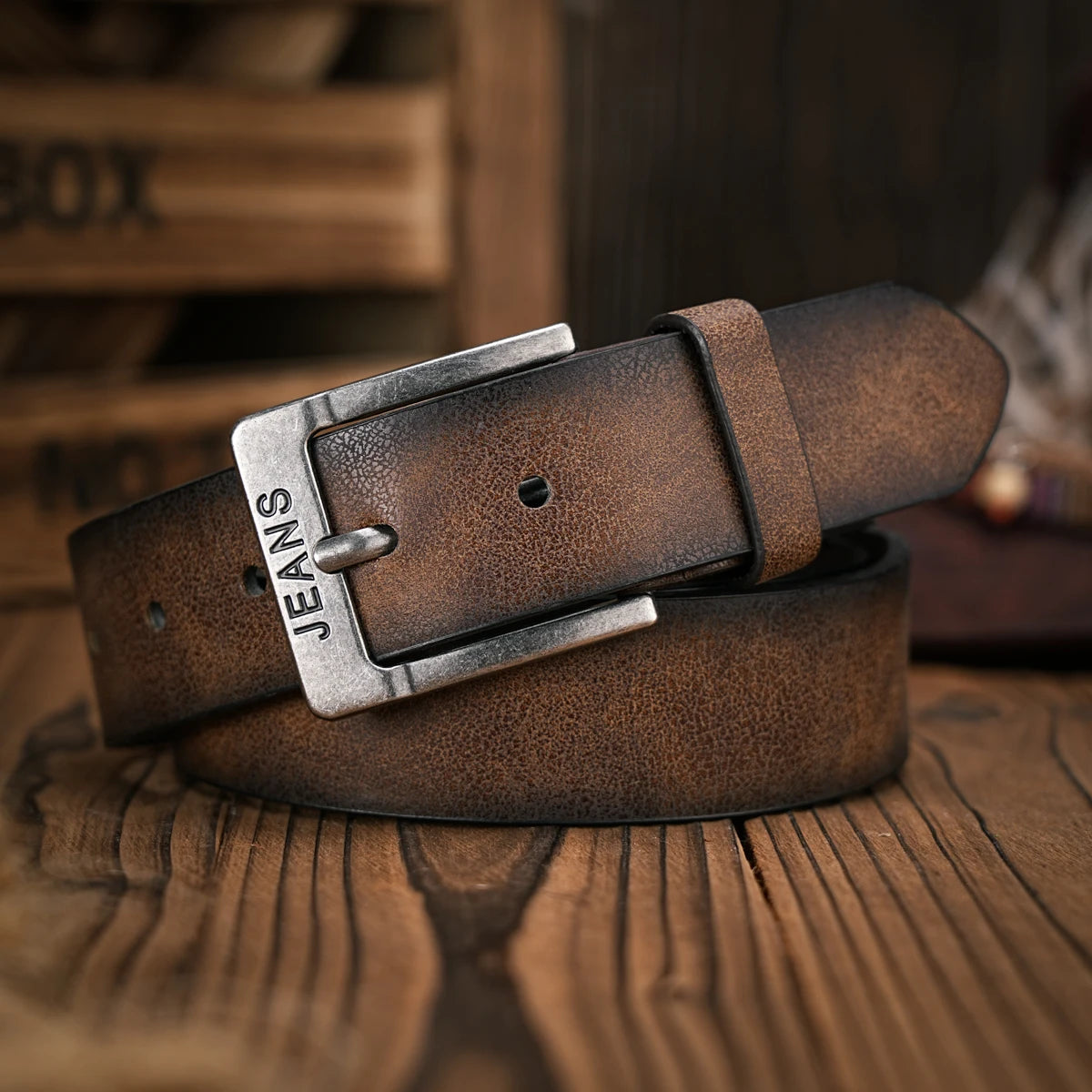 Camel leather belt with rectangular metal buckle and 'JEANS' engraving