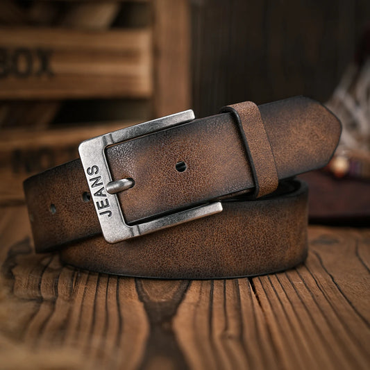 Camel leather belt with rectangular metal buckle and 'JEANS' engraving
