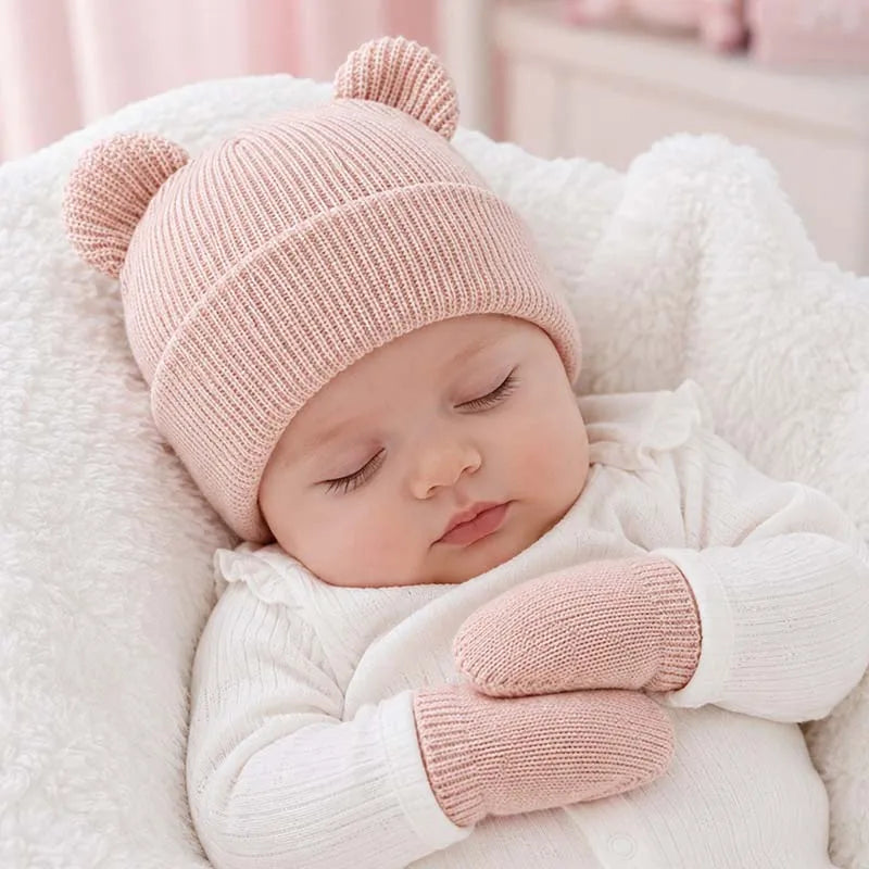 Winter Kids Hat Gloves Set Cute Bear Ear Beanie for Boys Girls Warm Kintted Earflap Hats Solid Color Mittens 6M-3Y K's Collection Store