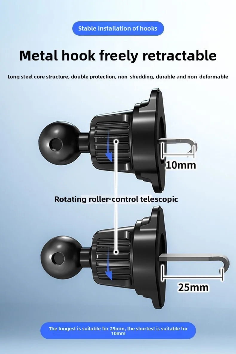 Retractable metal hook car air vent phone mount with adjustable roller control