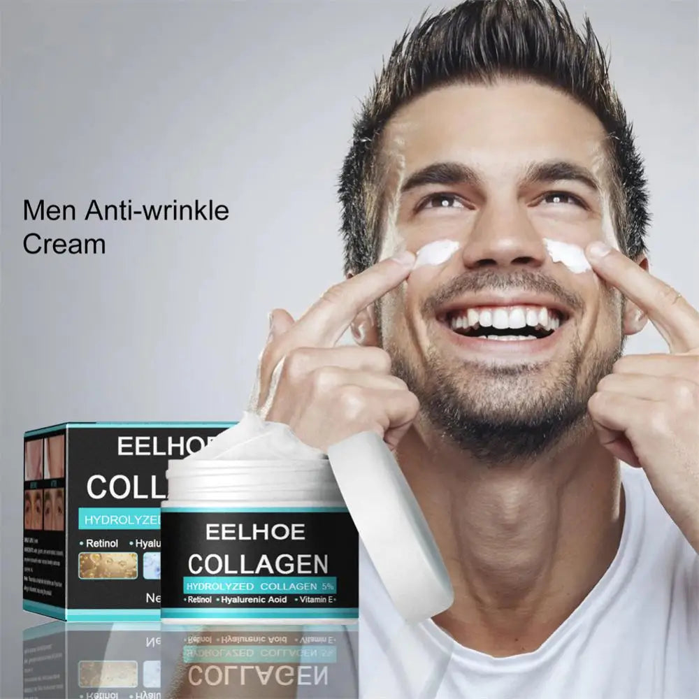 Hydrolyzed collagen face cream jar and box, cream on forehead and cheeks.