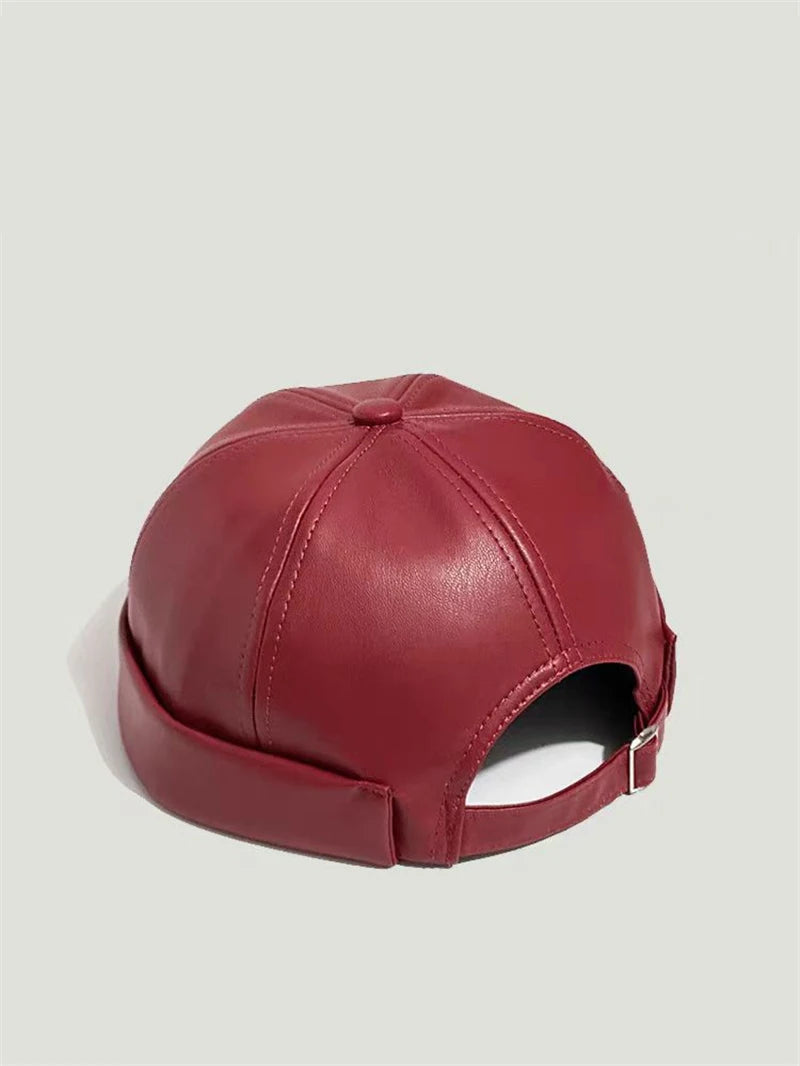 Unisex PU leather docker cap in red with stitched crown and side buckle