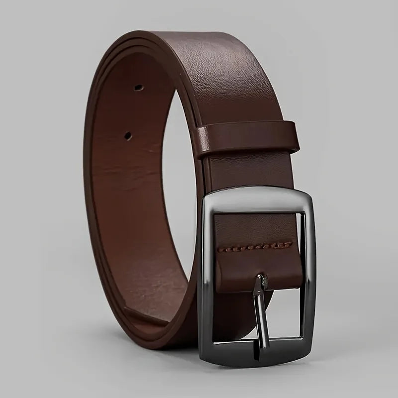 Men's brown PU leather belt with rectangular pin buckle and embossed strap