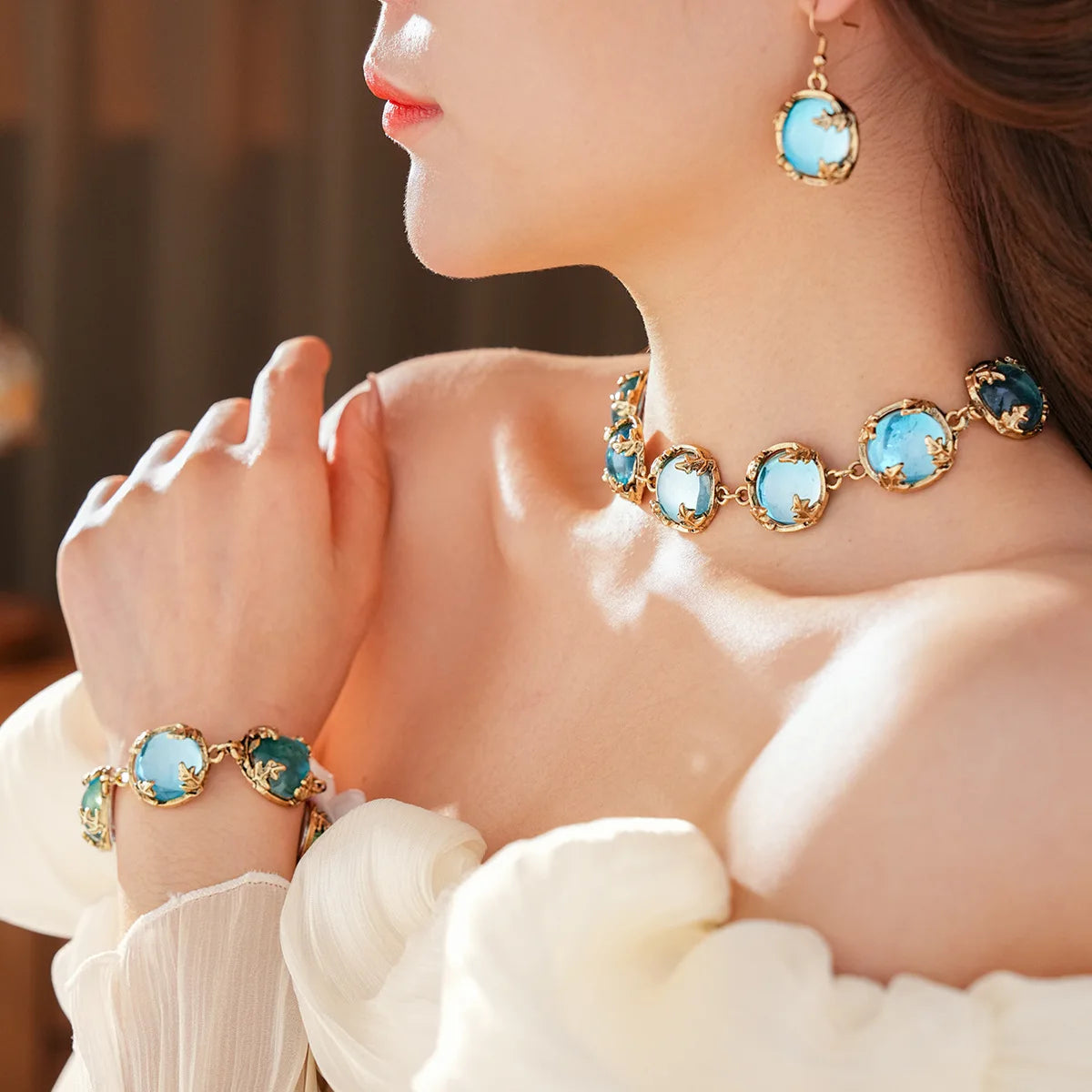 Vintage Fashion Wedding Jewelry Sets for Women Light Luxury Round Resin Necklace Versatile High-end Earring Bracelet K's Collection Store