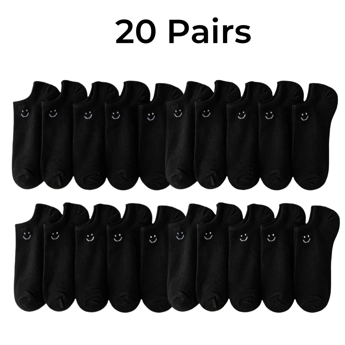 Women’s no-show socks multipack: 20 pairs of black socks with smiley faces.