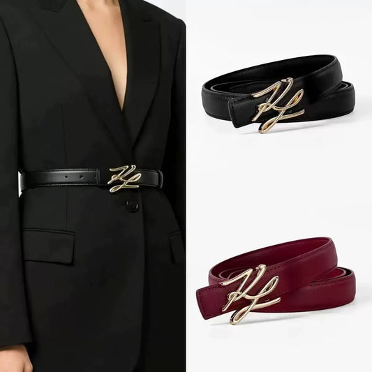 Black women's PU leather belt with gold-tone double ring buckle and keeper