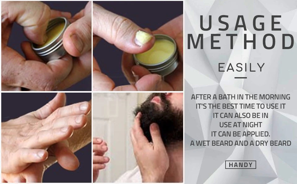 Hands applying beard balm from a small round tin to facial hair