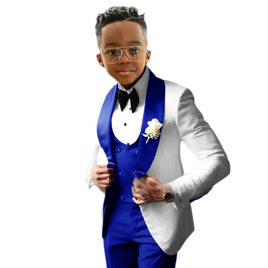 Suit for Boys Wedding Tuxedo 3 Piece White Jacket Royal Blue Pants Vest Kids Blazer Set Slim Fit Tailored Outfit K's Collection Store