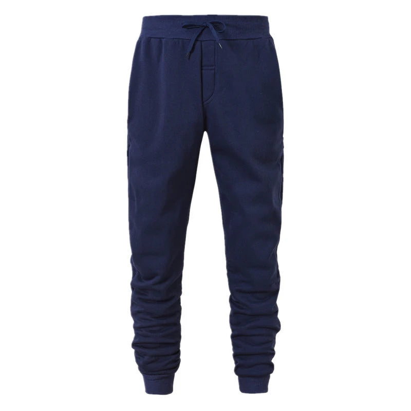 Men's slim fit navy jogger sweatpants with drawstring and ribbed ankle cuffs