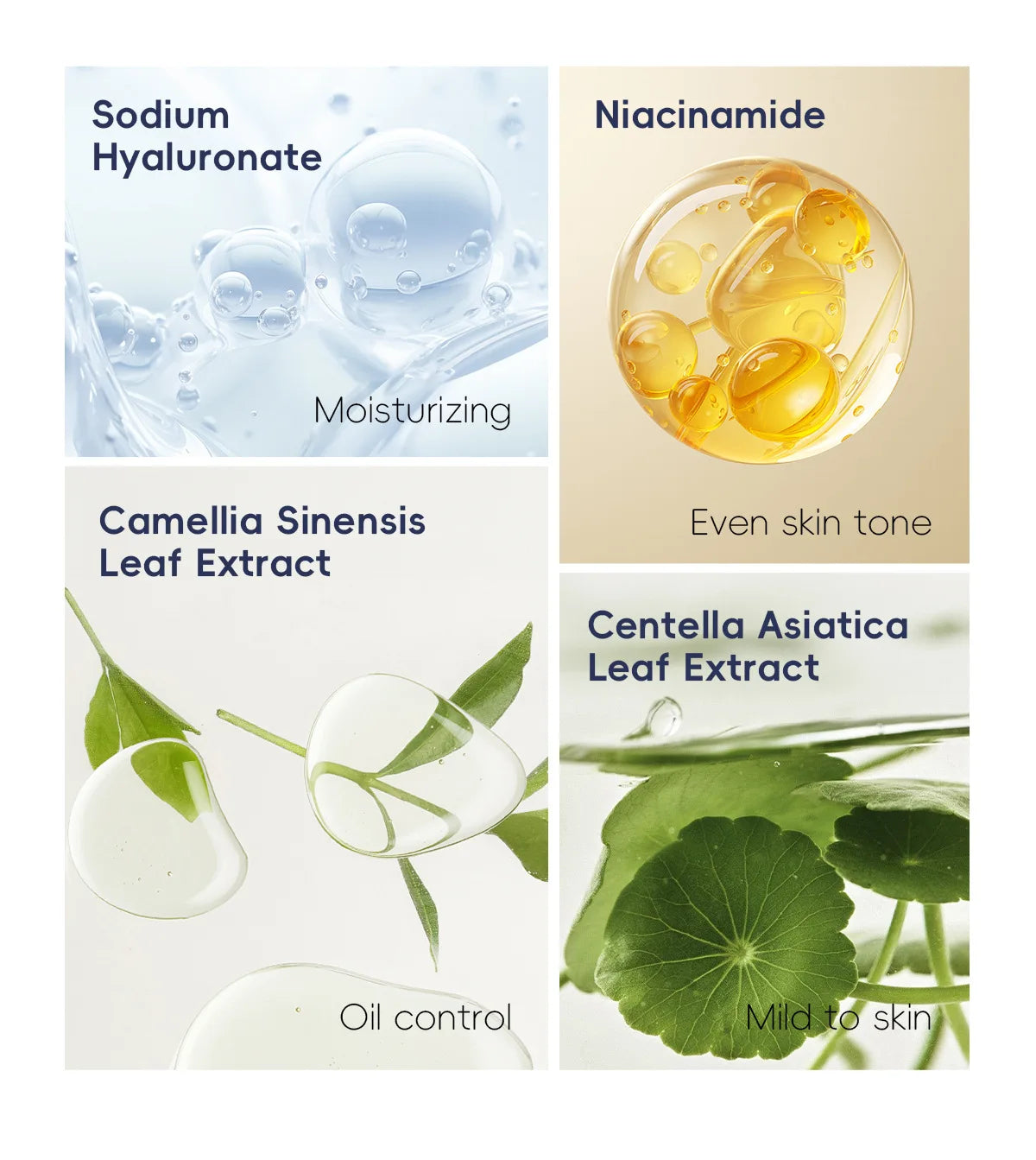 Men's facial scrub ingredient tiles showing Niacinamide and plant extracts, 50 g