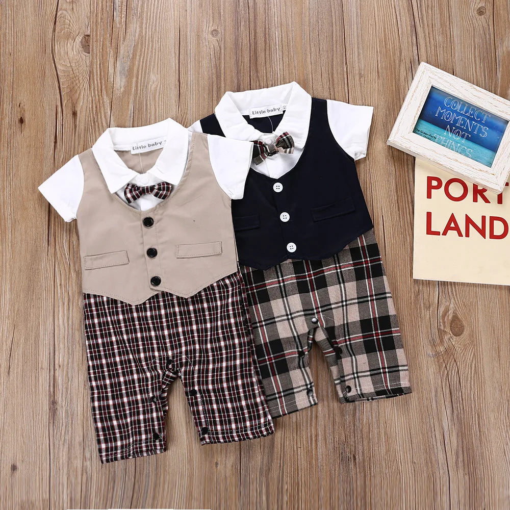Infant boys’ suit rompers: khaki and dark navy vests with plaid shorts