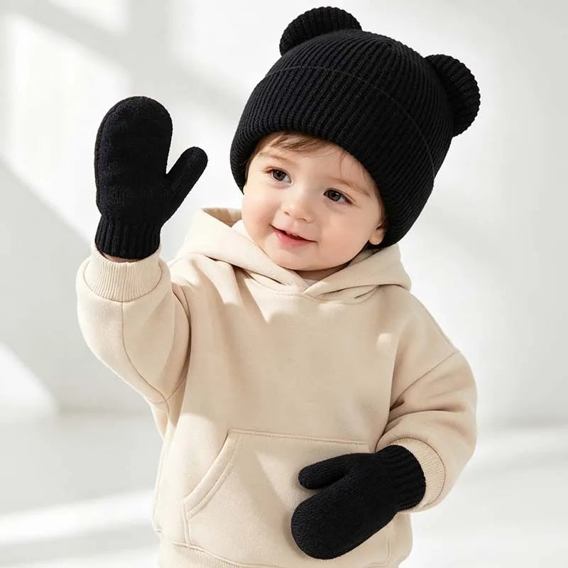 Winter Kids Hat Gloves Set Cute Bear Ear Beanie for Boys Girls Warm Kintted Earflap Hats Solid Color Mittens 6M-3Y K's Collection Store
